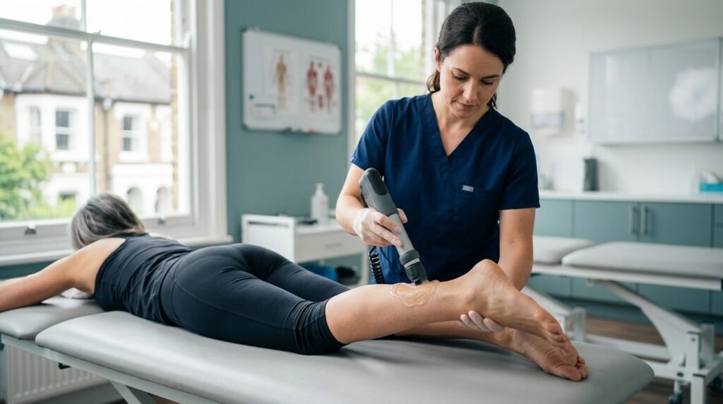 Clinician applying shockwave therapy to a patient's Achilles tendon at a London clinic