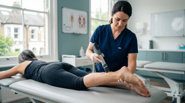 Clinician applying shockwave therapy to a patient's Achilles tendon at a London clinic
