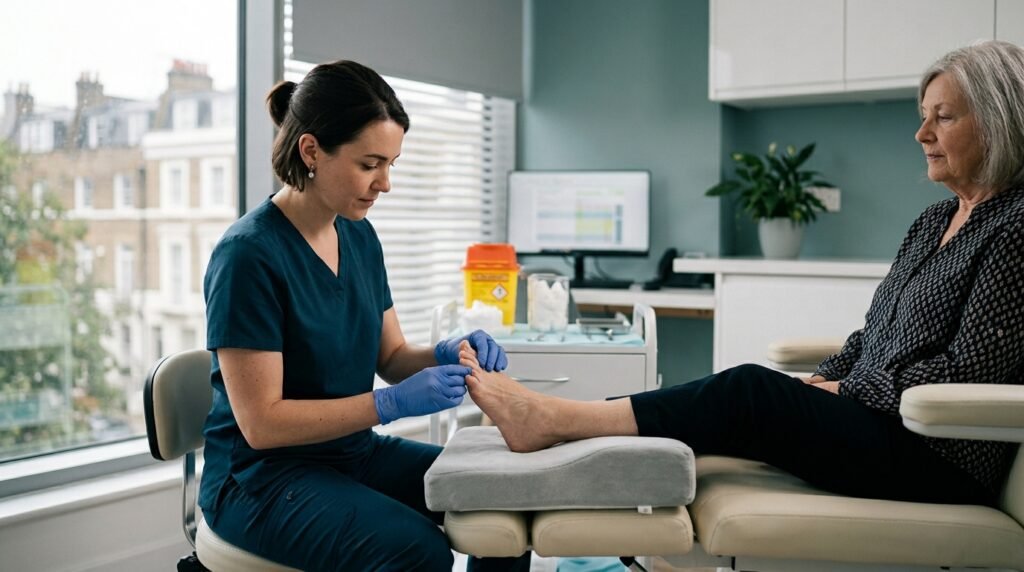 Podiatrist assessing a patient's foot at a London Wellness clinic